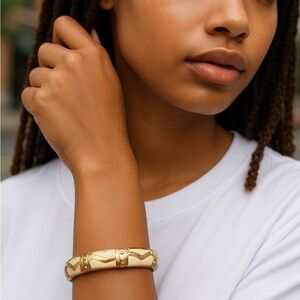 Vintage Sequoia Gold Tone Hinged Bangle Bracelet | Cream Enamel & Rhinestones